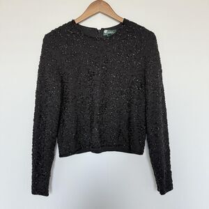 Vintage Lauren Ralph Lauren Top Womens Med Beaded Sequin Long Sleeve 90s Blouse